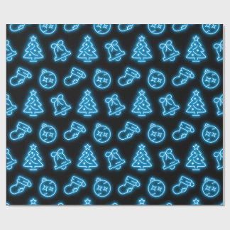 Neon Blue Christmas op zwart Cadeaupapier