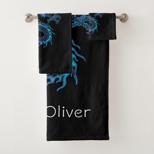 Neon Blue Dragon Bath Towel set Bad Handdoek (Insitu)