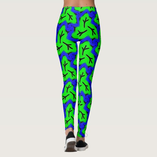 Neon Blue en Green Bold Leafy Pattern Leggings (Achterkant)