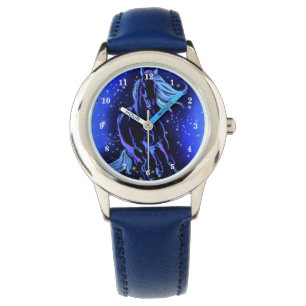 Neon Blue Horse bij Moonlight Sterrennacht  Horloge