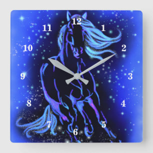 Neon Blue Horse bij Moonlight Sterrennacht Vierkante Klok