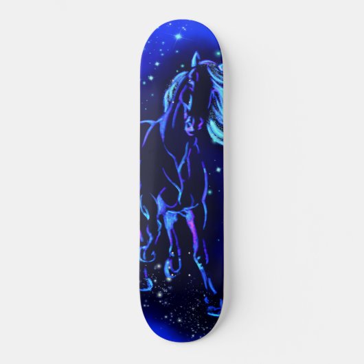 Neon Blue Horse in Moonlight Night Skateboard (Voorkant)