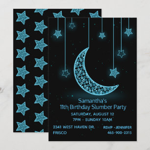 Neon Blue Moon en Stars Birthday Party Invitation Kaart