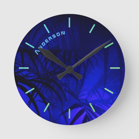 Neon BLUE PALM Leaf Personalized Wall Ronde Klok (Voorkant)