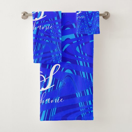Neon Blue Wave Abstract Monogram Initialen Nautisc Bad Handdoek (Insitu)