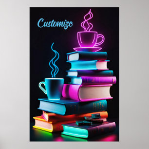 Neon boeken en koffie poster