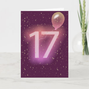 Neon bord en ballon voor 17e verjaardag kaart