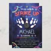 Neon Bowling Invitation for Birthday Party Retro (Devant / Derrière)