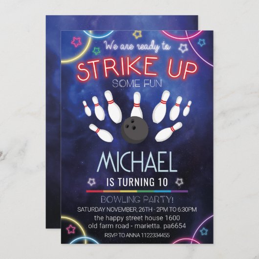Neon Bowling Invitation for Birthday Party Retro (Devant / Derrière)