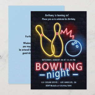 Neon Bowling Night Verjaardagsfeestje Kaart