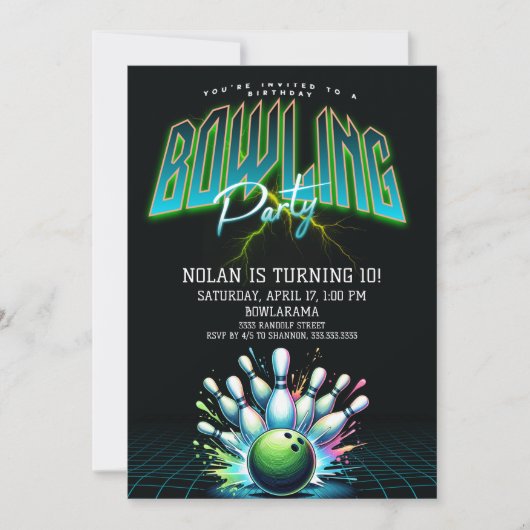 Neon Bowling verjaardagsuitnodiging Kaart (Voorkant)