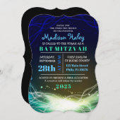Neon brillant Stars Bar Mitzvah bleu Invitation (Devant / Derrière)