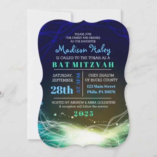 Neon brillant Stars Bar Mitzvah bleu Invitation (Devant)