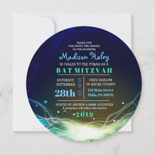 Neon brillant Stars Bar Mitzvah bleu Invitation (Devant)