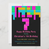 Neon Building Blocks 7th Birthday Invitation (Voorkant)