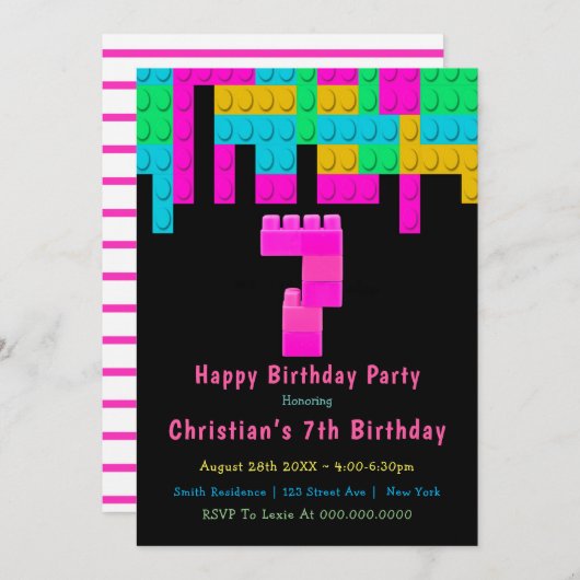 Neon Building Blocks 7th Birthday Invitation (Voorkant / Achterkant)