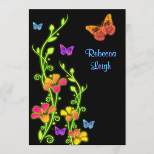 Neon Butterflies & Flowers Bat Mitzvah Invite 3 Kaart
