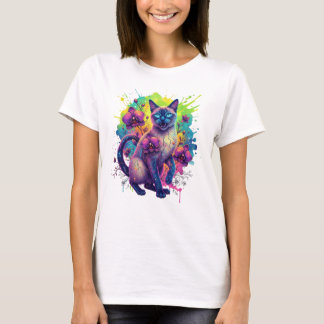 Neon Cat Fantasy Floral Art T-shirt