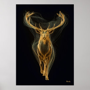 Néon Cerf Doré Art Mural Filamenteux Futuriste