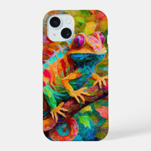 Neon Charlie Chameleon, Textiel Regenwoud Collage iPhone 15 Hoesje