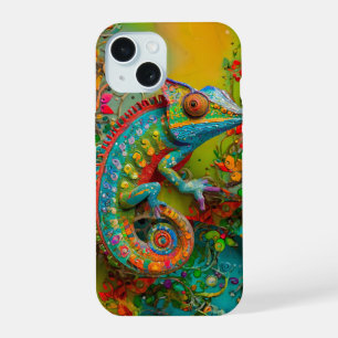 Neon Charlie Chameleon, Textiel Regenwoud Collage iPhone 15 Hoesje