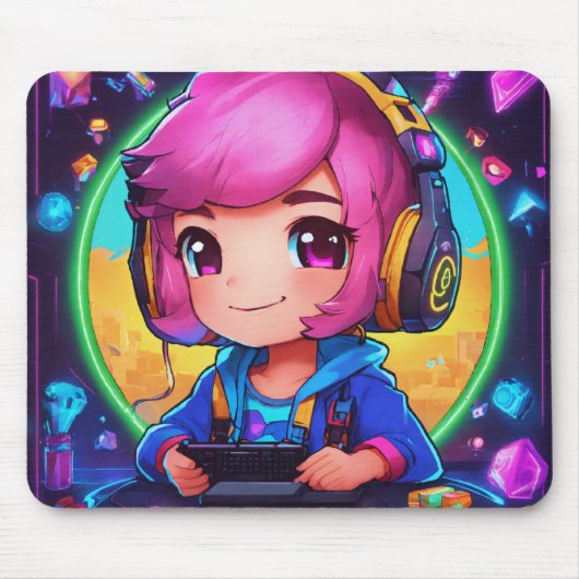 Neon Chibi Gamer Learning Design Muismat (Voorkant)
