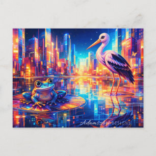 Neon City Reflecties: Droomlandschap van Kikker en Feestdagenkaart