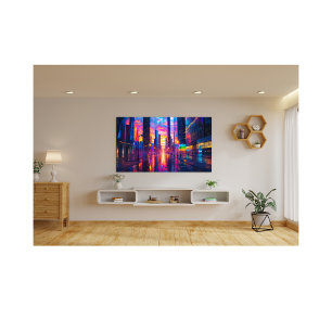 Neon Cityscape bij Sunset Futuristic Urban Foto Afdruk