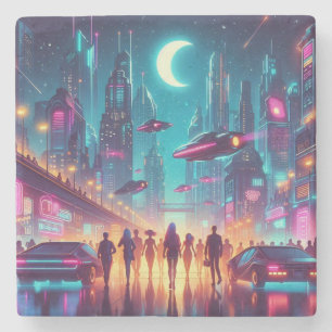Neon Cityscape Stenen Onderzetter