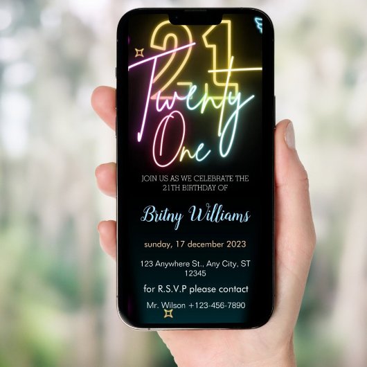 Neon clair 21e anniversaire Invitation