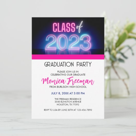 Neon Class of 2023 Graduation Party Invitation Kaart (Staand voorkant)