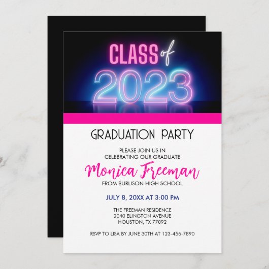 Neon Class of 2023 Graduation Party Invitation Kaart (Voorkant / Achterkant)