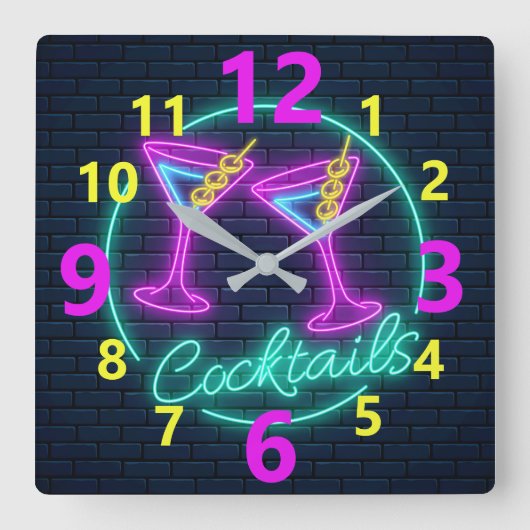 Neon Cocktails Sign Square Wall klok (Voorkant)