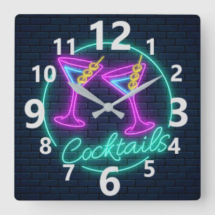 Neon Cocktails Sign Vierkante Klok