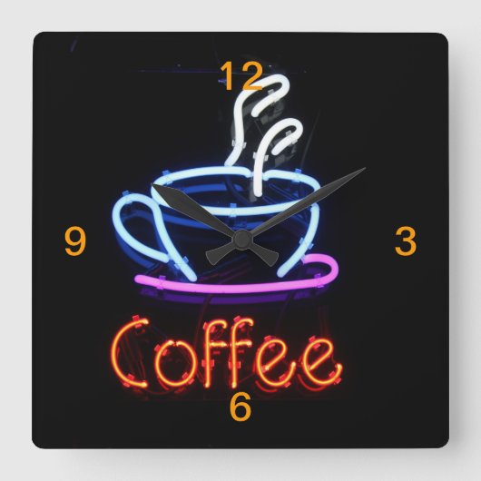 Neon Coffee Sign on Black Vierkante Klok (Voorkant)