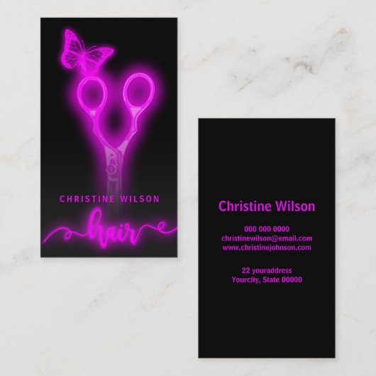 neon coiffeur ciseaux papillon carte de visite (Devant / Derrière)