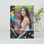 Neon coloré 80s Retro Graduation Faire-part (Debout devant)