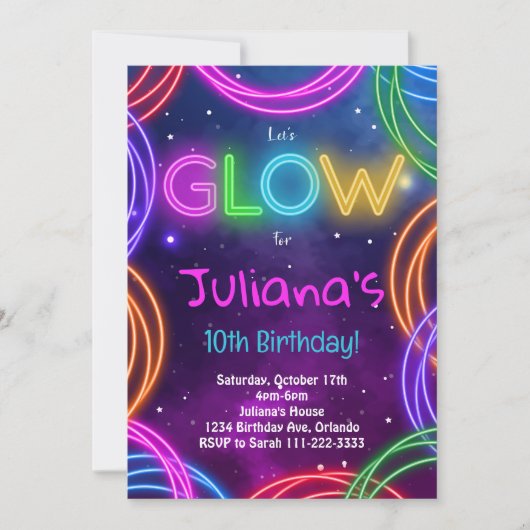 Neon coloré lueur Anniversaire Invitation (Devant)