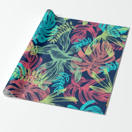 Neon Colored Aqua Yellow Green Tropical Leaves Cadeaupapier (Uitgerold)