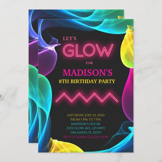 Neon Colorful Glow Invitation Anniversaire (Devant / Derrière)
