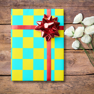 Neon Cyaan Geel Geruite Checkerboard Cadeaupapier