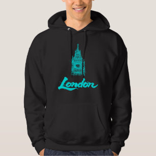 Neon Cyan Londen Big Ben Schets Modern Zwart Hoodie