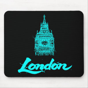 Neon Cyan Londen Big Ben Schets Modern Zwart Muismat