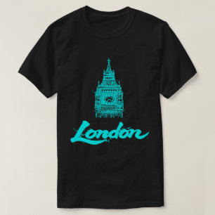 Neon Cyan Londen Big Ben Schets Modern Zwart T-shirt