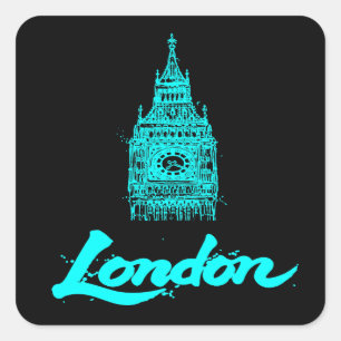 Neon Cyan Londen Big Ben Schets Modern Zwart Vierkante Sticker