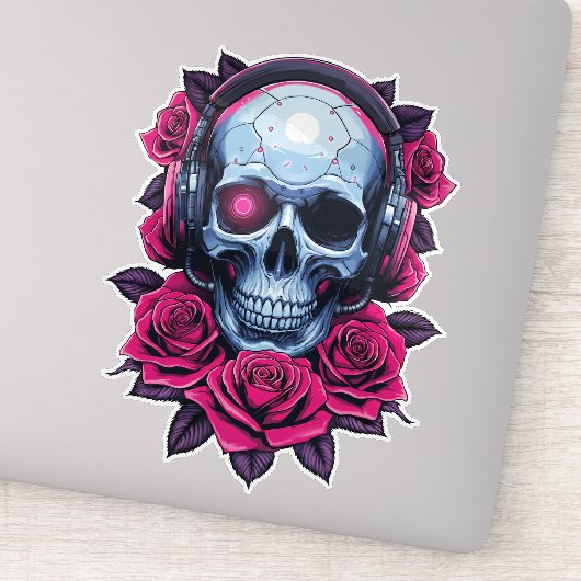 Neon Cyber Death Skull en Rozen Sticker (Detail)