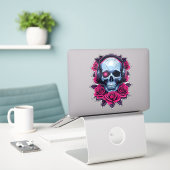 Neon Cyber Death Skull en Rozen Sticker (Laptop op bureau)