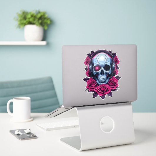 Neon Cyber Death Skull en Rozen Sticker (Laptop op bureau)