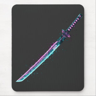 Neon Cyber-Katana: Digital Blade Tech muismat 
