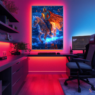 Neon Cyber Ridder op een Glanzend Paard – Futurist Poster